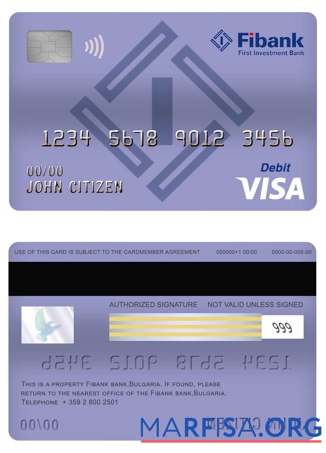 Realistic Bulgaria Fibank bank visa debit card real example